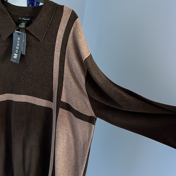 NWT J. Ferrar 100% Cotton Brown Two Button Collard Long Sleeved Sweater - Picture 4 of 6